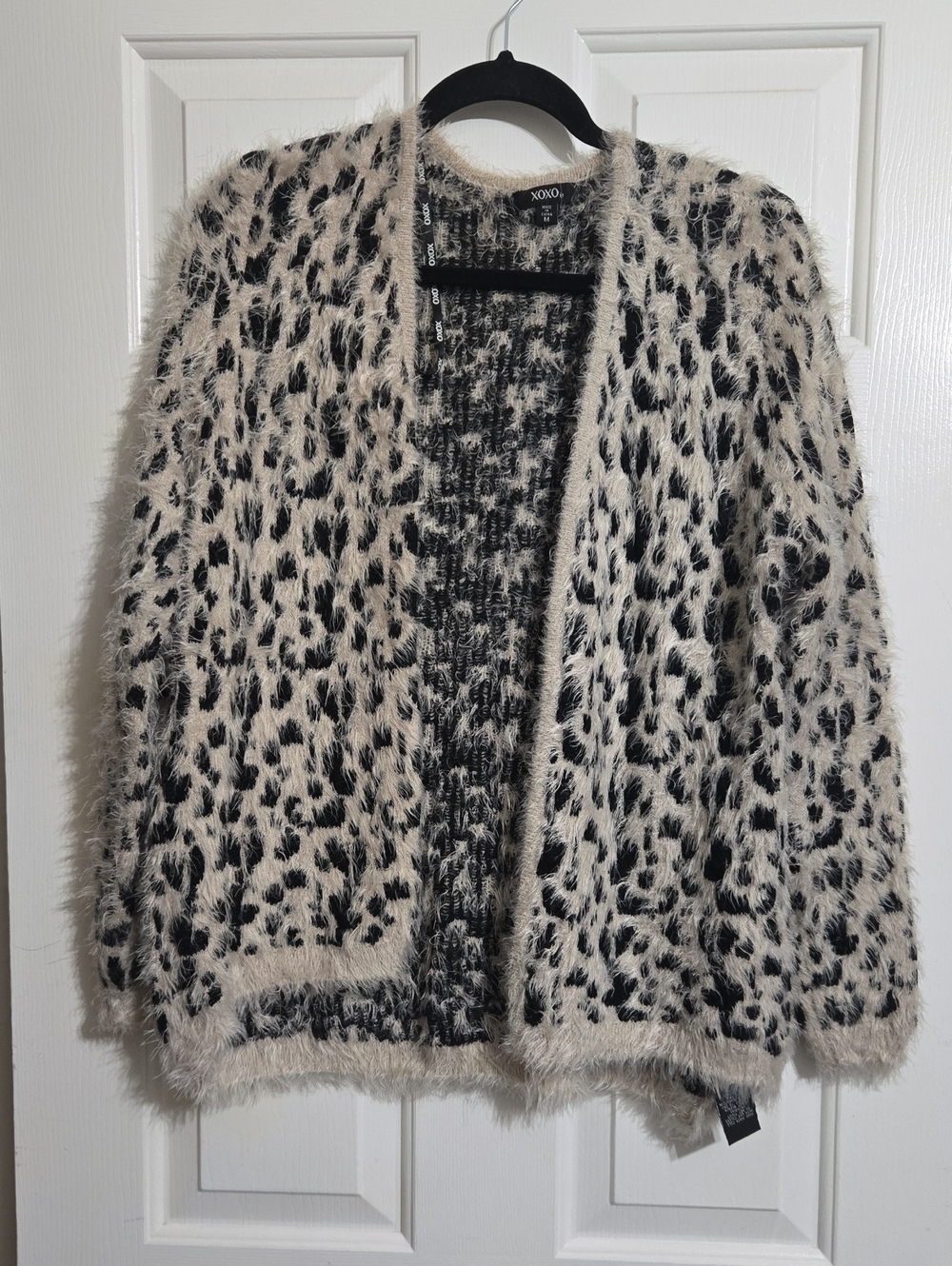 XOXO Beige and Black Leopard Fuzzy Open Cardigan